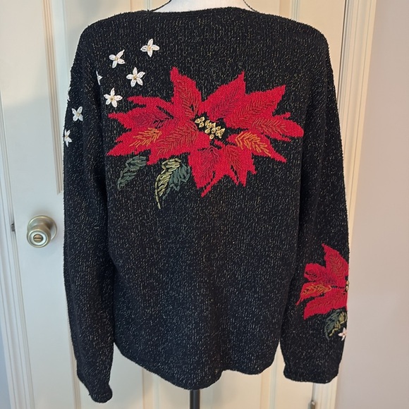 Vintage 90s Talbots Petites Holiday Poinsettias Cardigan Sweater - Picture 3 of 5